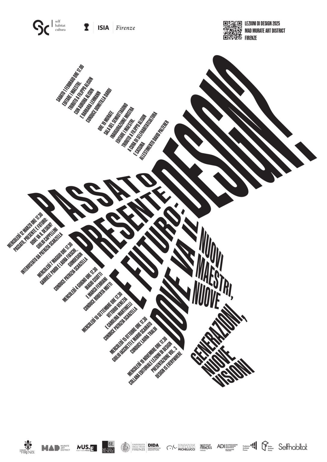 Locandina del ciclo “Lezioni di design” con tipografia prospettica bianco e nero